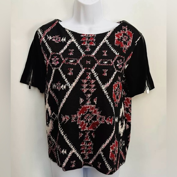 SANDRO PARIS Office Siren Blouse Sz2 US M Cowhide Leather Zip Sleeve Geometric - Picture 1 of 13